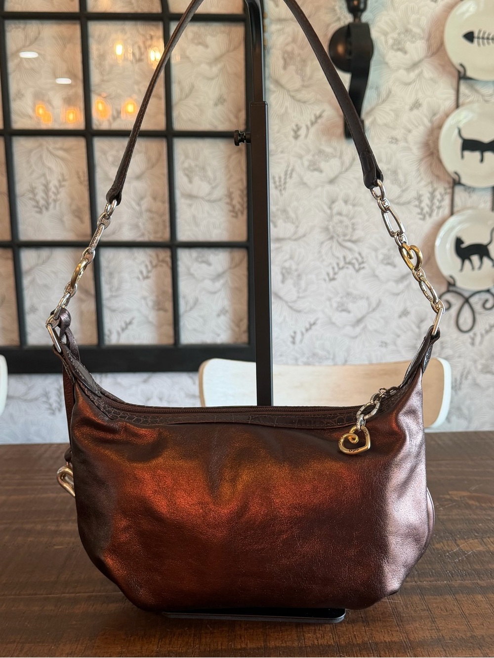Brighton Bronze Leather Zip Top Croc Trim Hobo Bag with Heart Charms EUC - Picture 2 of 10